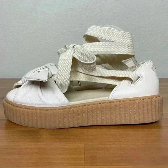 FENTY PUMA Women's 8.5 The Bow Creeper Sandals Cream Leather Lace Up Flatform - Picture 8 of 16